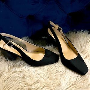 Black sling back block heels